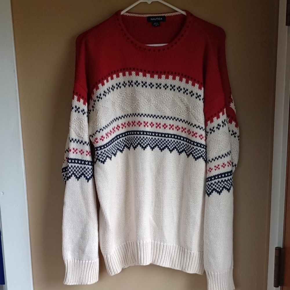 Nautica Fair Isle Vintage Knit Crew Neck Grandpa Sweater Size M